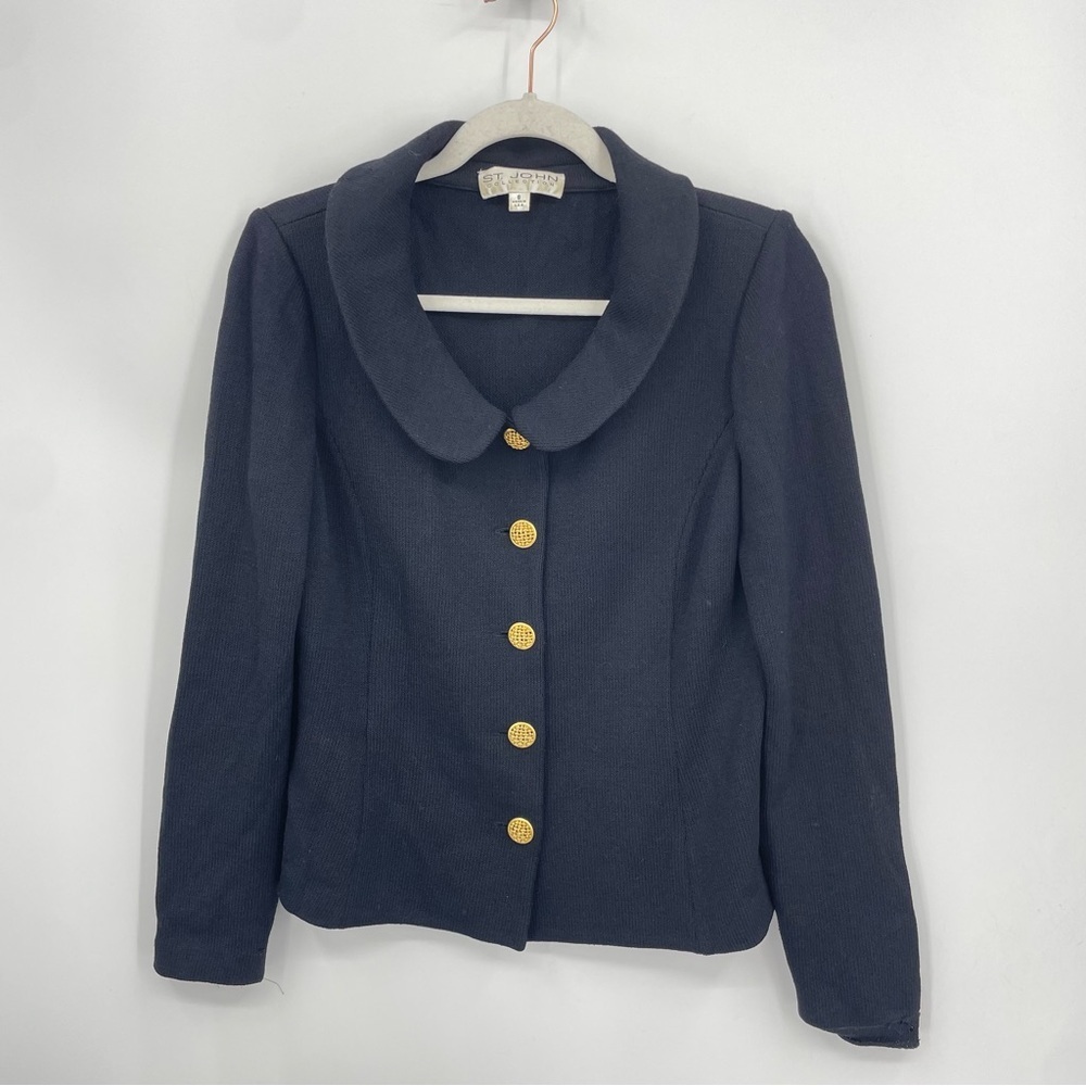 Vintage St‎ John Santana Knit Blazer 6 Gold Tone Buttons Peter Pan Collar black